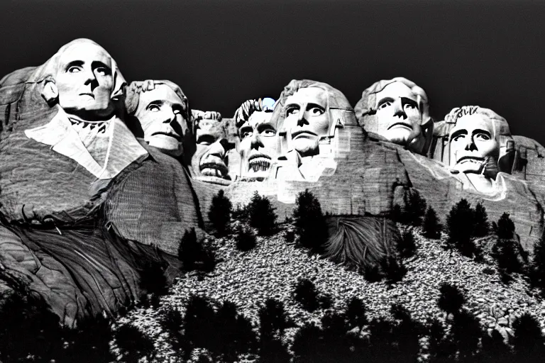 Prompt: black and white photograph, grainy and cinematic, of Cthulhu attacking Mount Rushmore at night. 4k