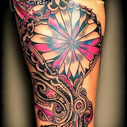 Image similar to tribal tattoo along female leg, epic, psychedelic colors, beautiful, intricate detail