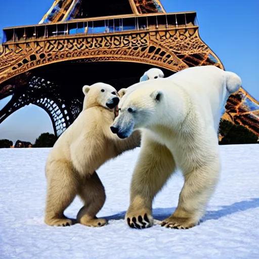 Image similar to a polar bear dancing by the eiffel tower