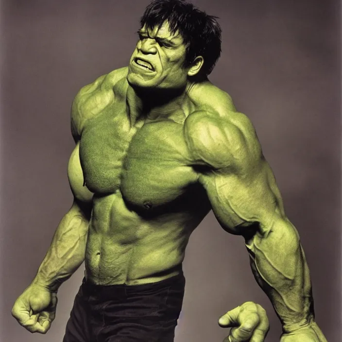 Image similar to a color photo portrait of the incredible hulk looking angry in new york city by richard avedon dramatic lighting.