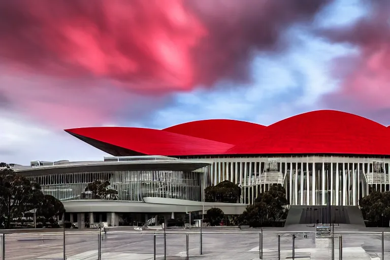 Image similar to award winning photo of the australian parliament house architecturally designed with strong sinister and occult masonic design, heavy red storm clouds