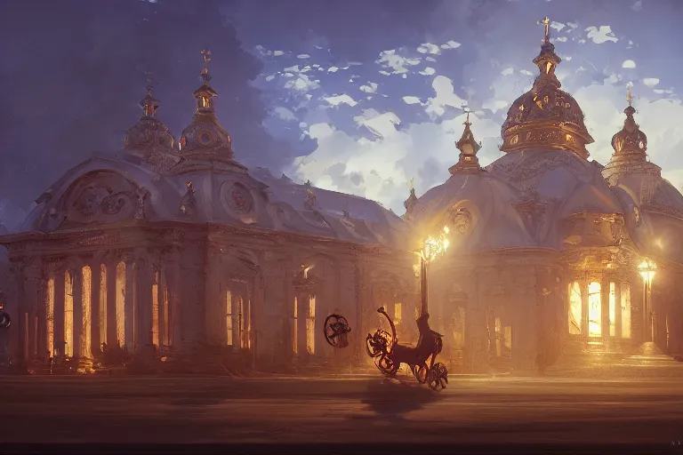 Prompt: an mobile ornate baroque church with chain wheels, scene in an open field. key visual, conceptart, ambient lighting, highly detailed, digital painting, artstation, concept art, sharp focus, by makoto shinkai and akihiko yoshida and greg manchess