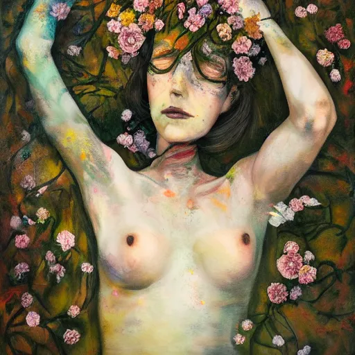 Image similar to portrait of a beautiful woman corpse covered in flowers in the middle of a Forest, ray gods, oil paint,