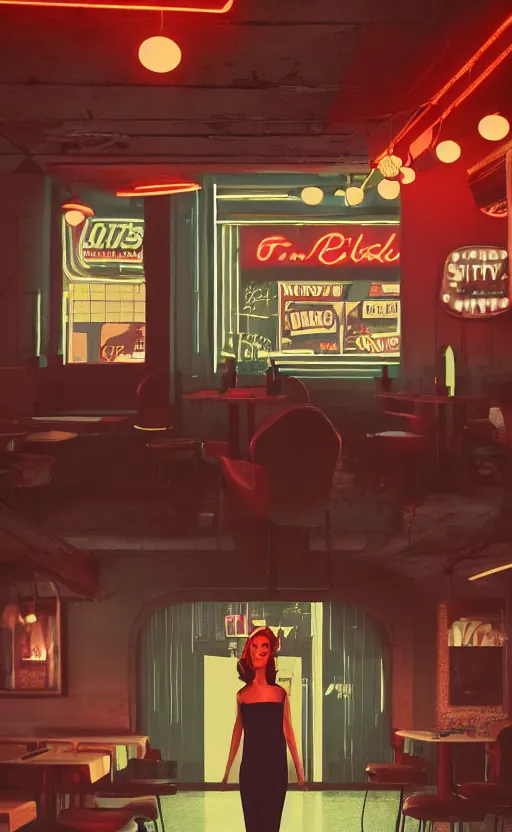 Image similar to vertical movie frame portrait of girl in 5 0's retro restaurant interior, neon - decorated urban on night in the city seen through the window, modern interior design, architectural design, vintage, night blade runner, dark, postapocalyptic, clean lines, 4 k, octane, lunarcore city at distance, big windows, octane, wide angle