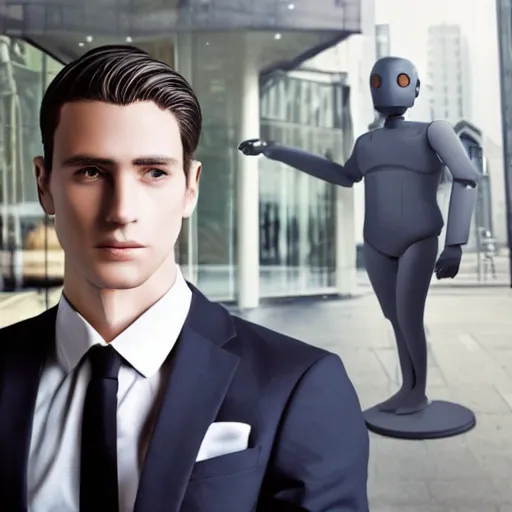 Image similar to “a realistic detailed photo of a guy who is an attractive humanoid who is half robot and half humanoid, who is a male android, News reporter Anthony Conn, shiny skin, posing like a statue, blank stare, reporting the news, on display, a spark coming out of his neck”