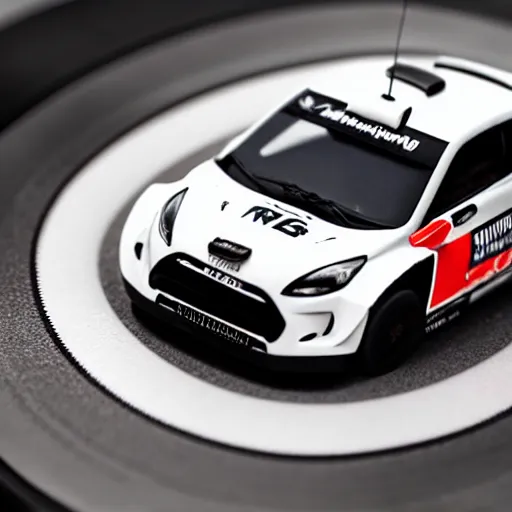 Image similar to tiny wrc car drifting on the surface of a vinyl record. closeup, detailed photo