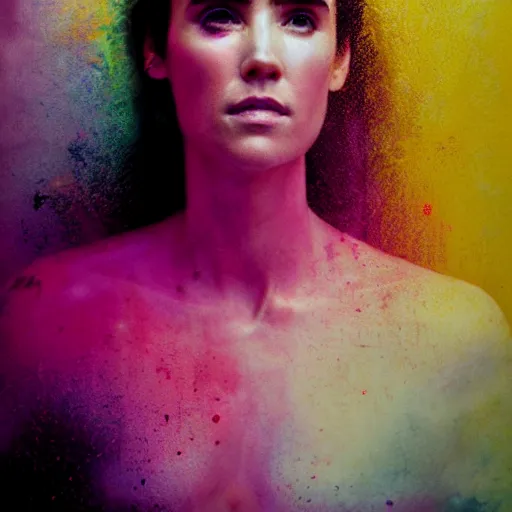 Image similar to jennifer connelly by cy Twombly and BASTIEN LECOUFFE DEHARME, pink and yellow, iridescent, volumetric lighting