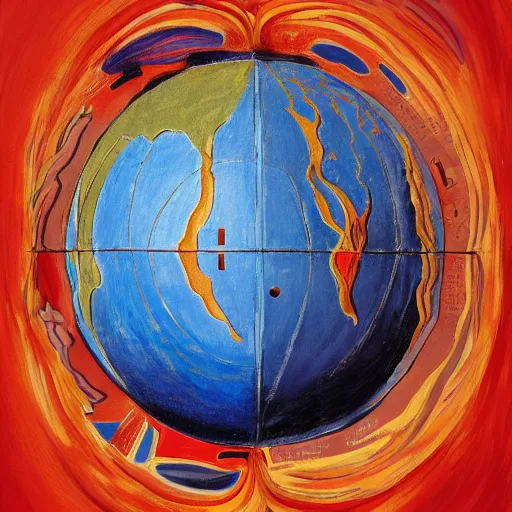 Image similar to a highly detailed painting of the world globe in flames, inspired by dali, matisse, klee, bosch, david hockney, trending on artstation, 4 k