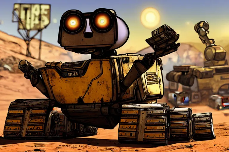 Image similar to wall - e in borderlands style game, heavy detailed, ultra high definition quality, borderlands game engine graphics