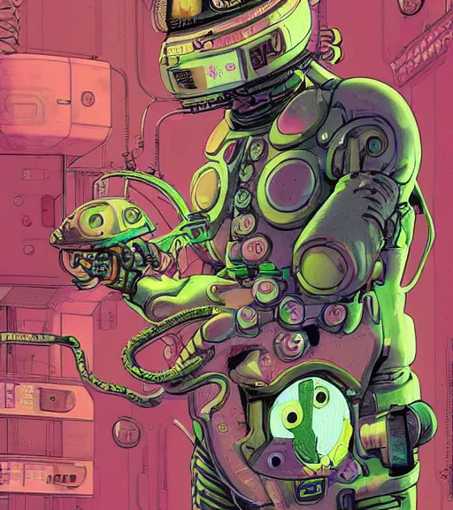 Image similar to a cybernetic realistic octopus in a space station, techwear, Industrial Scifi, detailed illustration, character portrait, graffiti style, by Martin Grip and Moebius