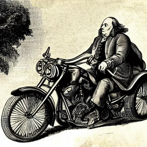 Image similar to benjamin franklin as a biker on a harley davidson