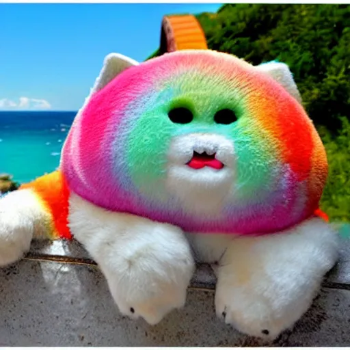 Image similar to vacation photos postcard from gizmo the rotund rainbow kitty with rainbow fur, a pink nose, multicolored eyes heterochromia cute wild adventures and travel to glorious locations