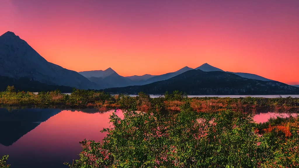 Prompt: mountain with a lake and a red sky