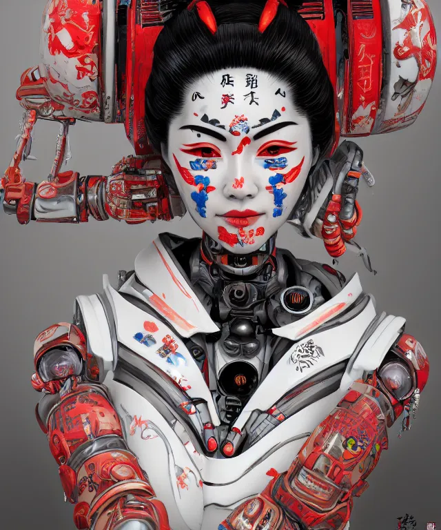 Image similar to an epic fantastic realism comic book style portrait painting of a japanese robotic geisha with kanji tattoos and decals, apex legends, octane render, intricate detail, 4 k hd, unreal engine 5