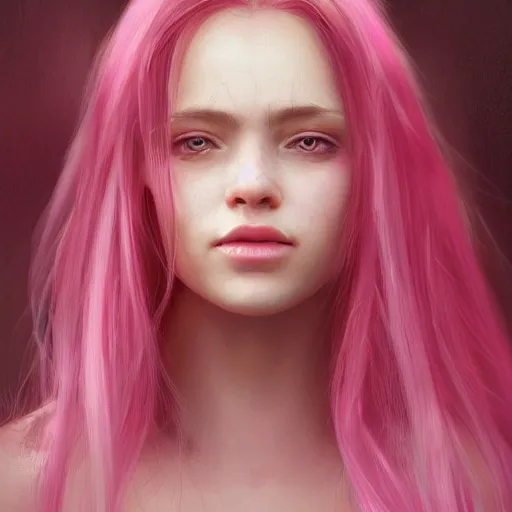 Image similar to portrait of a beautiful woman with long pink hair, trending on artstation, cinematic composition, detailed, hd, digital art, illustration