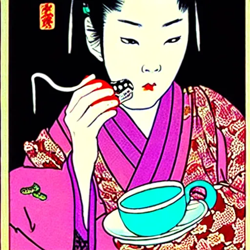 Image similar to Beautiful Japanese woman drinking tea with a snake by Toshio Saeki ultra high detailed