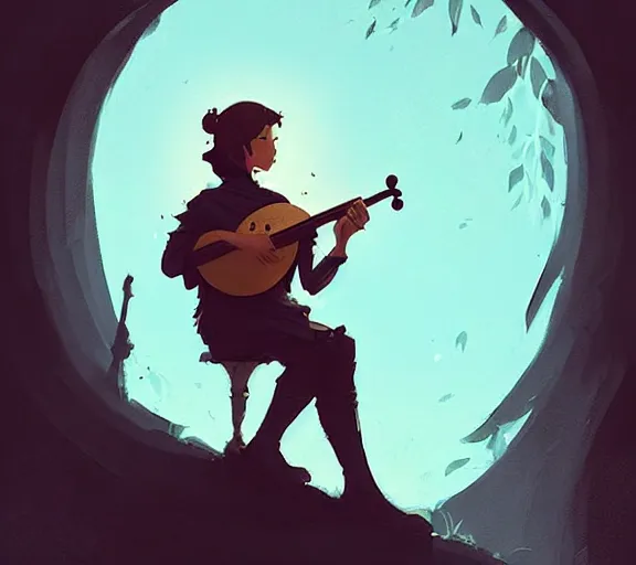 Image similar to portrait a bard with a lute sitting under the tree dnd character by atey ghailan, by greg rutkowski, by greg tocchini, by james gilleard, by joe fenton, by kaethe butcher, dynamic lighting, gradient light blue, brown, blonde cream and white color scheme, grunge aesthetic