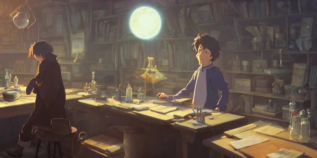 Image similar to a wizard with brown hair is standing at his desk working with jars of liquids, beakers of bubbling potions, coherent, medium shot, waist up, studio ghibli, pixar and disney animation, sharp, rendered in unreal engine 5, anime key art by greg rutkowski, bloom, dramatic lighting