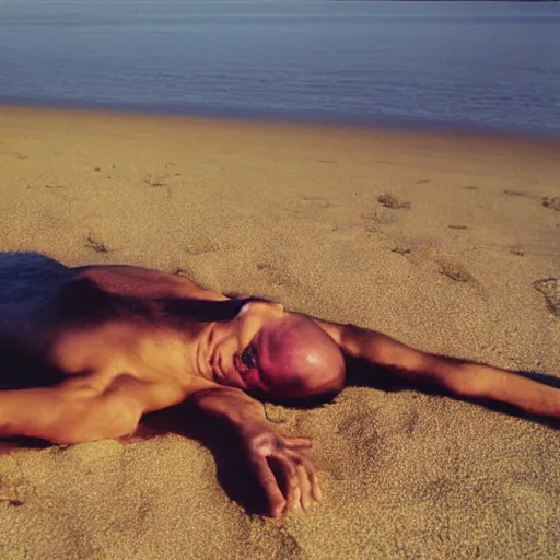 Prompt: nosferatu tanning out in the sun on the beach, photograph