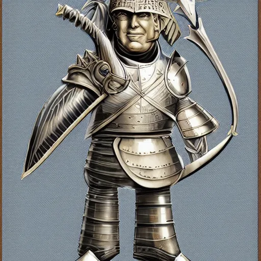 Image similar to donald trump, knights armor!!!!!!!!!!!!!!!!, one broadsword, by hans holdein, donald trumps highly detailed handsome face, two arms, two legs, donald trumps symmetrical face, realistic, valiant, heroic