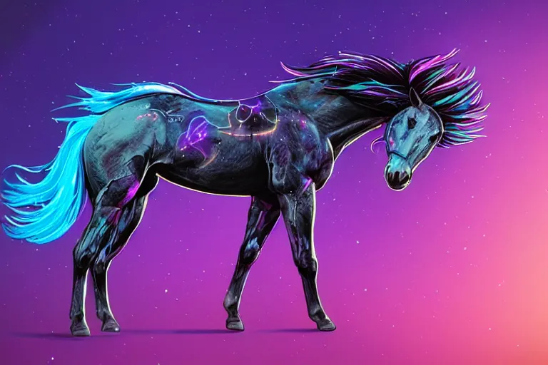 Prompt: a stunning horse with bioluminescent mane and tail running in the sky by sandra chevrier and greg rutkowski, neon hooves, purple blue color scheme, vaporware, retro, outrun, high key lighting, volumetric light, digital art, highly detailed, fine detail, intricate, ornate, complex, octane render, unreal engine, photorealistic