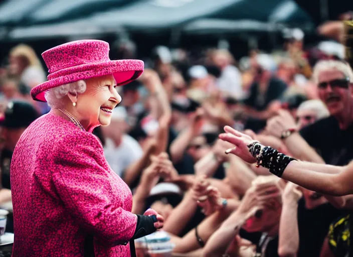 Image similar to photo still of queen elizabeth at vans warped tour!!!!!!!! at age 7 0 years old 7 0 years of age!!!!!!! throwing down in the mosh pit, 8 k, 8 5 mm f 1. 8, studio lighting, rim light, right side key light