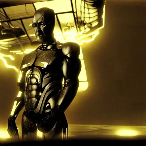 Image similar to movie still of man super villain cyborg, cinematic composition, cinematic light, by david lynch