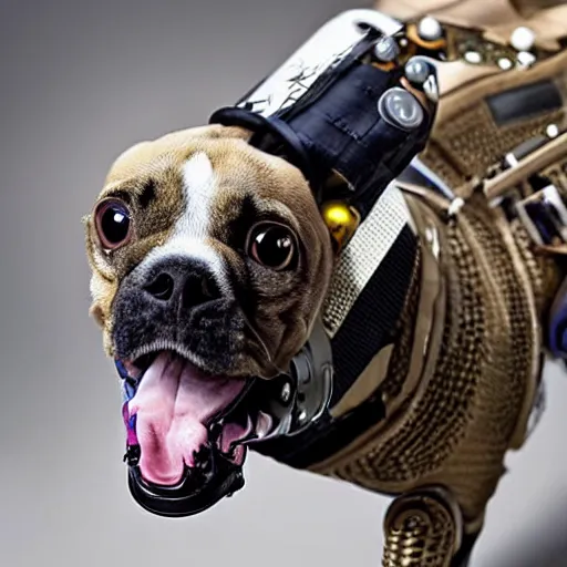 Prompt: an cyborg dog with a beautiful, intriicate, detailed, elegant, ornate exoskeleton