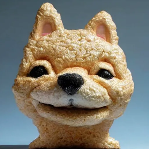 Image similar to a rice krispie square sculpture of a shiba inu head