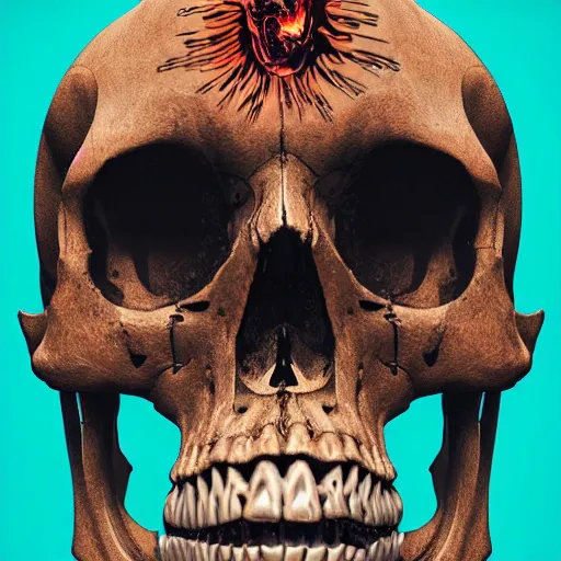 Image similar to a highly detailed human skull with intricate designs with fire for eyes on fire in front of a neon blue background, 3 d, octane render, symmetrical, hyper realism, highly detailed, digital art, artstation, concept art, cinematic lighting, strong bokeh, trending