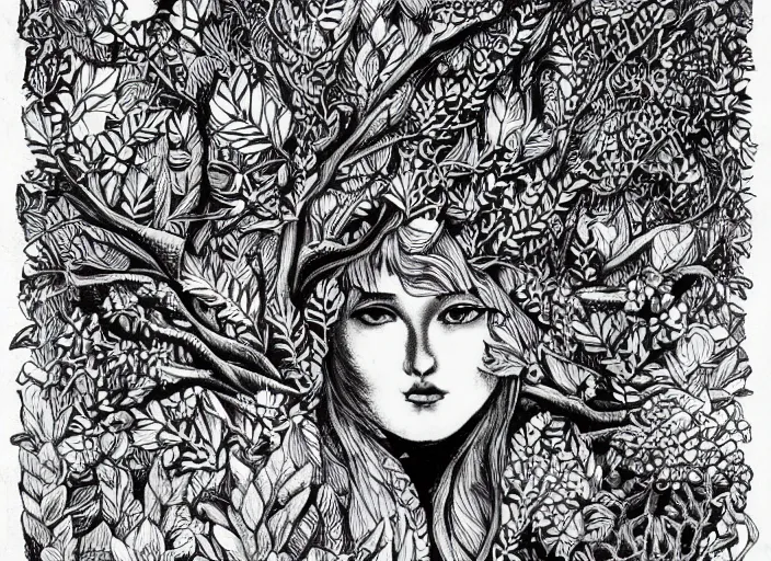 Image similar to goddess of the forest, ink drawing, black ink illustration, by a very talented artist, award winning, intricate detail, mysterious