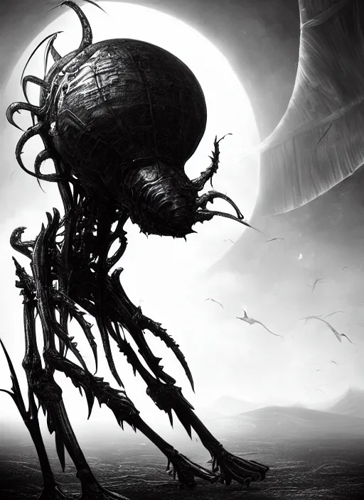 Prompt: a black and white high quality photo of a strange insectoid alien god with shiny body and mandelbrot fractal legs, dark fantasy, sharp focus, vibrant, vivid, symmetry, highly detailed, cinematic concept art by giger, tooth wu, greg rutkowski, alena aenami