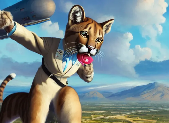 Image similar to character portrait feature of the anthro female anthropomorphic puma bobcat mountain lion fursona wearing airline pilot outfit uniform professional pilot for delta airlines character design stylized by charlie bowater, ross tran, artgerm, and makoto shinkai, detailed, soft lighting, rendered in octane, peru in background