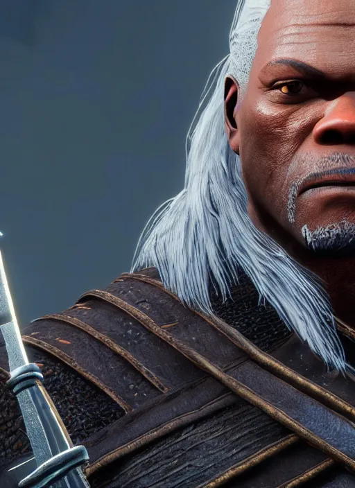 Image similar to Samuel L Jackson in The Witcher 3, gameplay, 8k, HD