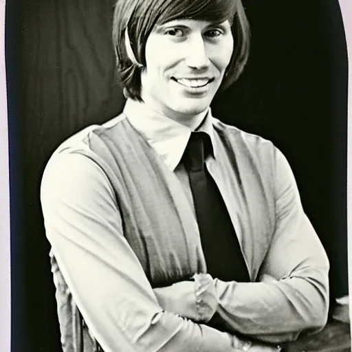 Image similar to A photograph portrait of Jerma985 with short-medium length hair a combover wearing early 1970s menswear in the early 1970s, taken in the early 1970s, grainy, taken on a 1970s Polaroid Camera, realistic, hyperrealistic, very realistic, highly detailed, very detailed, extremely detailed, detailed, digital art, trending on artstation, colorized photo