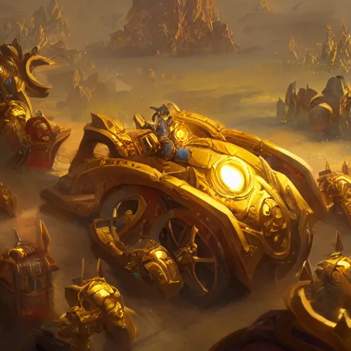 Image similar to a golden battle chariots, yellow magic theme, bright art masterpiece artstation. 8 k, sharp high quality artwork in style of jose daniel cabrera pena and greg rutkowski, concept art by tooth wu, blizzard warcraft artwork, hearthstone card game artwork, cart wheels