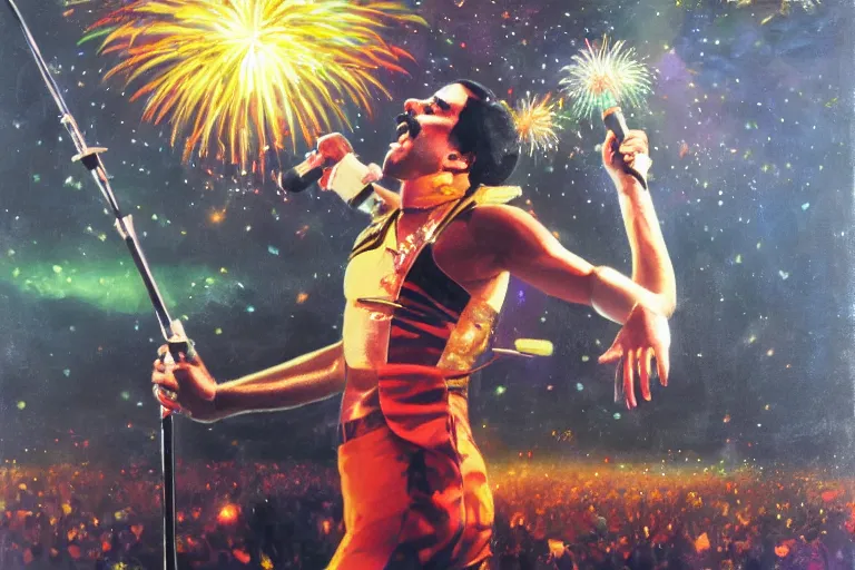 Prompt: freddie mercury singing for the whole world, fireworks at the greatest festival of all time, by ross tran, oil on canvas