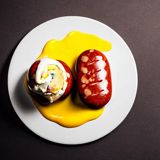 Prompt: commercial photo of a sausage ice cream, mustard, ketchup,