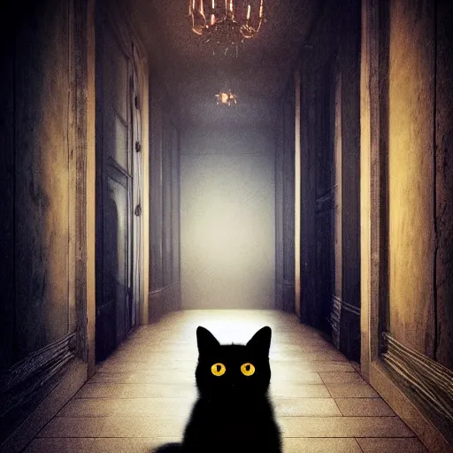 Prompt: a full-body shot of a black void cat with golden glowing eyes at the end of a scary hallway, fairytale, nightmare, hauntingly beautiful, elegant, super detailed, Octane render, reflections