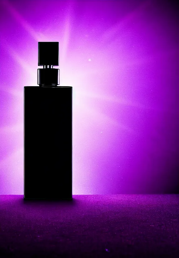 Image similar to close up shot of one premium perfume bottle containing purple liquid, the bottle is placed on a black table, the bottle is in the middle of the scene, purple dust in the background, dark cinematic lighting, spotlight, ultra detail, commercial, designer product, cinematic lighting, hd artstation, symmetrical, rendered, 4k