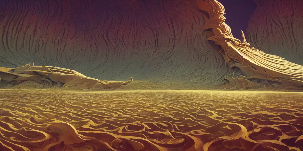 Image similar to the sands of time, a highly detailed cinematic oil painting by roger dean and alena aenami, bones of a colossal creature submerged in sands, dynamic lighting