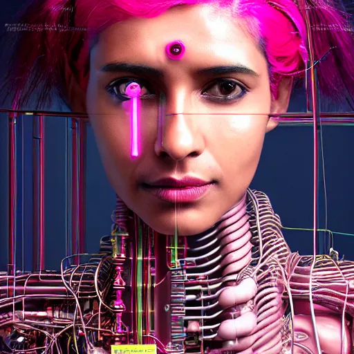 Image similar to portrait of a indian woman with pink hair as a cyberpunk cyborg half robot, revealing wires and electronics, circuit boards, wire management, sci - fi, missing panels, intricate abstract upper body intricate artwork, concept art, octane render, deviantart, cinematic, key art, hyperrealism, iridescent accents, portrait photograph, nikon 3 5 mm, photograph by greg rutkowski