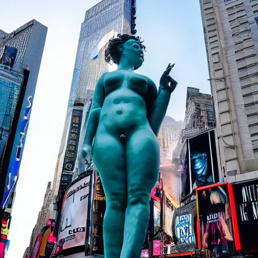 Image similar to a giant greek statue of a woman in times square