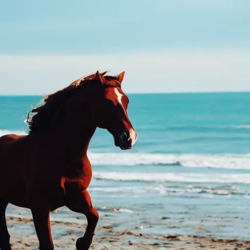 Image similar to a horse running in front of a sea, wievein its mane, on the beach, the sun is blowing up, smoke everywhere