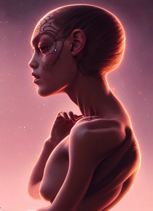 Image similar to a full body fashion photography of alien female girl, intricate, elegant, clearly visible face, highly detailed, digital painting, artstation, concept art, smooth, sharp focus, illustration, art by artgerm and greg rutkowski and alphonse mucha, 8 k