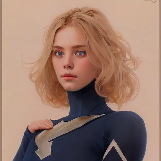 Image similar to a beautiful portrait of a beautiful cute young superhero woman, shoulder - length blonde hair, tight solid matte navy blue lycra bodysuit, white cape, intricate, elegant, 8 k, highly detailed, digital painting, concept art, smooth, sharp focus, illustration, by artgerm greg rutkowski alphonse mucha loish wlop