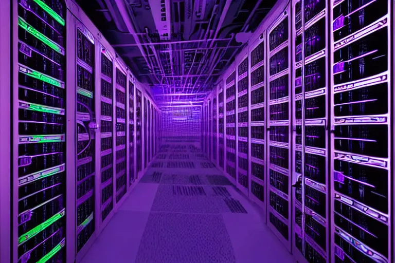 Prompt: realistic robot in a data server room, computers, neon and dark, purple and blue color scheme, by dan mumford and malevich, william stout