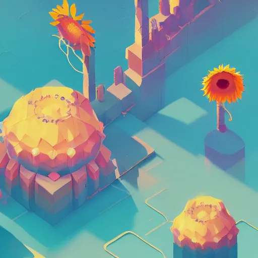 Prompt: beautiful digital sunflower in stunning pick sea, VERY LIGHT pink and blue scheme, isometric, by Anton Fadeev and Simon Stalenhag, trending on artstation, low contrast