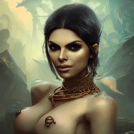 Prompt: portrait of sherlyn chopra back, fantasy, intricate, elegant, highly detailed, digital painting, artstation, concept art, matte, sharp focus, illustration, octane render, unreal engine, art by aenaluck and roberto ferri and greg rutkowski, epic fantasy, digital painting