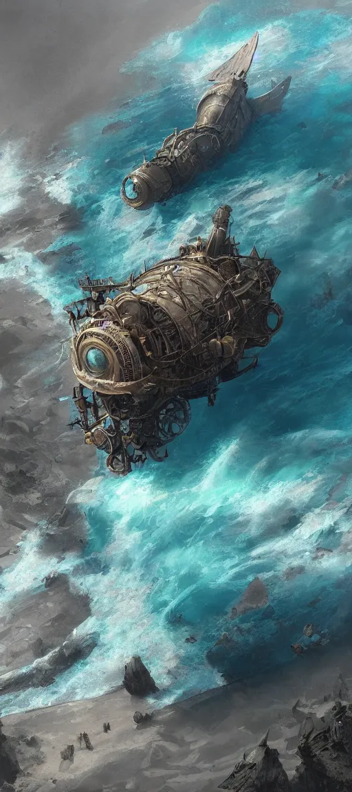 Prompt: A giant steampunk airship flying across a deserted black beach, the water is murky and silver, and the sky is teal, very detailed concept art, matte painting, digital art, concept art, realistic beautiful, trending on Artstation, Greg Rutkowski